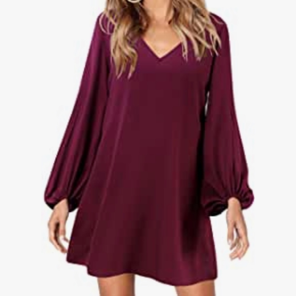 SOLERSUN Women's Casual Chiffon Tunic Dress Long Sleeve V Neck Loose Flowy Swing